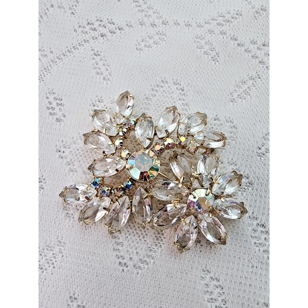 Vintage Mid Century Brooch Pin Floral Spray Rhinestone Sparkly Glam‎ Statement